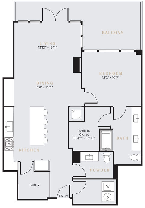 Floor plan for 1 bed, 1.5 baths, 1276 sqft